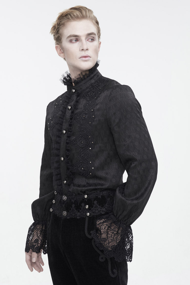Black Stand Collar Puff Sleeved Lace Splice Gothic Shirt