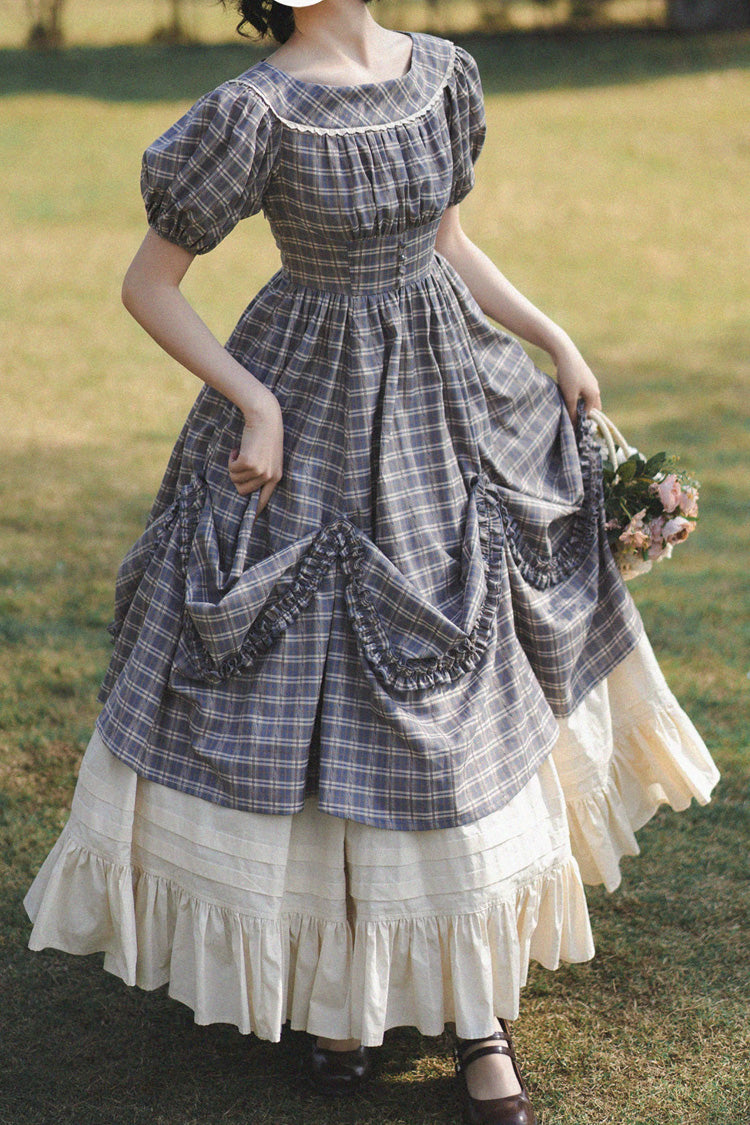 Grey/blue [forest Picnic] Boat Neck Short Sleeves Printed Lift-hem Ruffled Classic Lolita Dress
