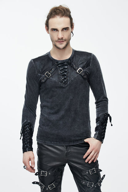 Black Faded Long Sleeves Lace Up Punk T-shirt