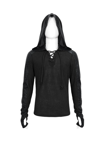 Black Dark Tether V-neck Panel Knit Hooded Punk T-shirt