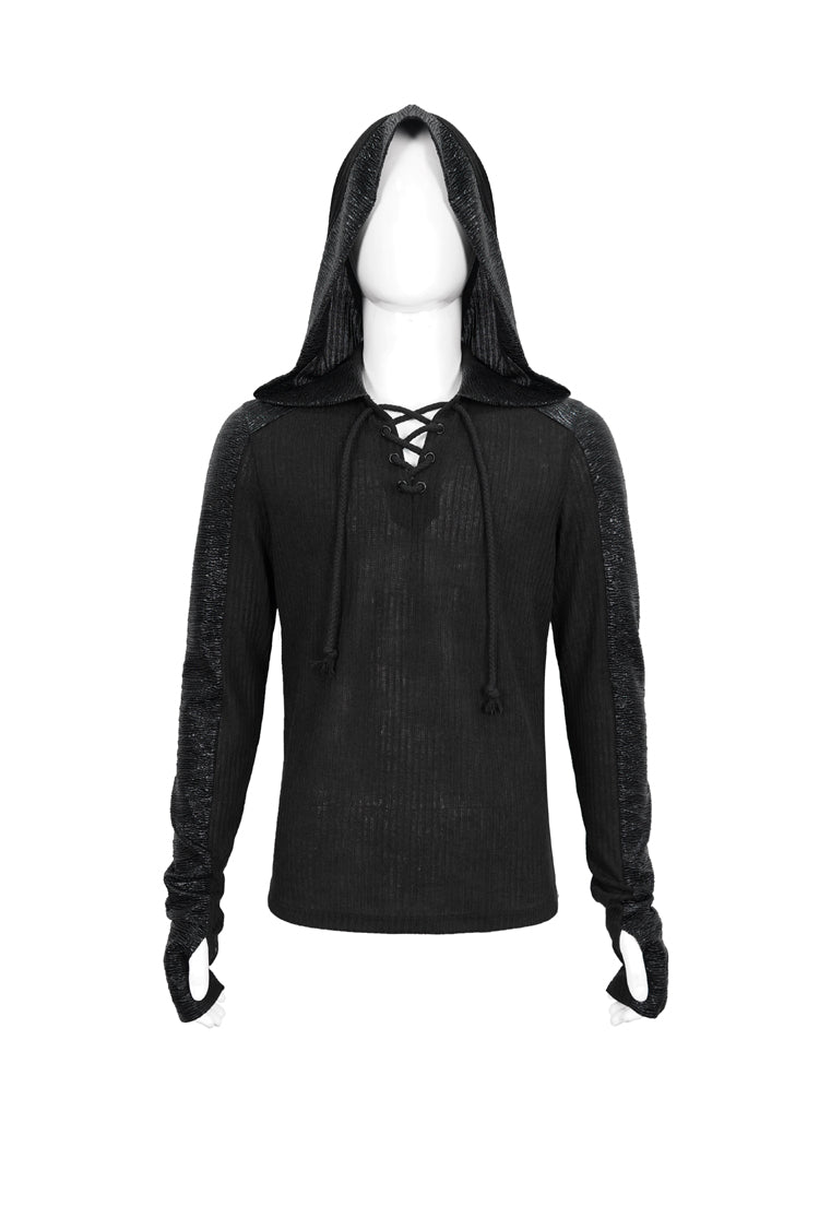 Black Dark Tether V-neck Panel Knit Hooded Punk T-shirt