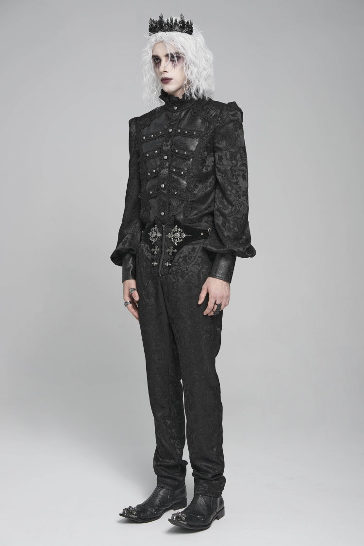 Black Stand Collar Long Lantern Sleeves Print Embroidery Gothic Blouse