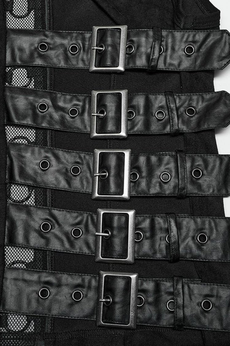 Black Sleeveless Hollow Suede Leather Stitching Irregular Gothic Vest