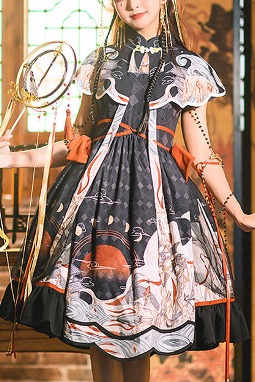 Black Chinese Style Chang'e Flying to the Moon Print Ruffled Classic Lolita Op Dress