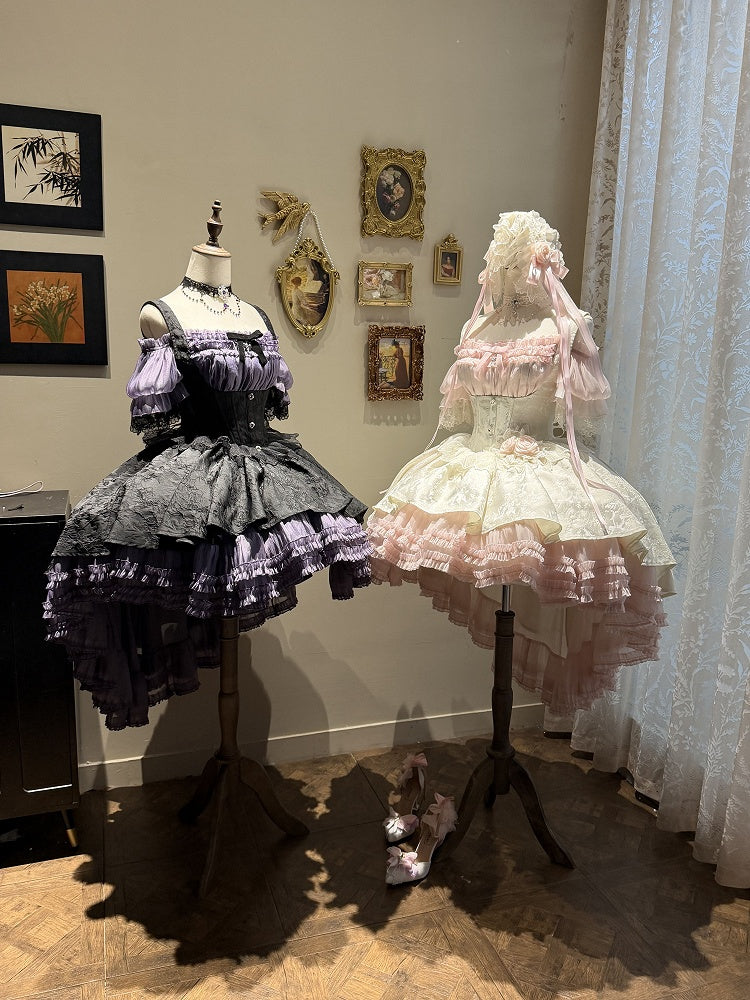 [pre-order Deadline: April 28] Pink X White Gothic Lolita Corset Layered Jsk Dress + Off-shoulder Lace Puff Top
