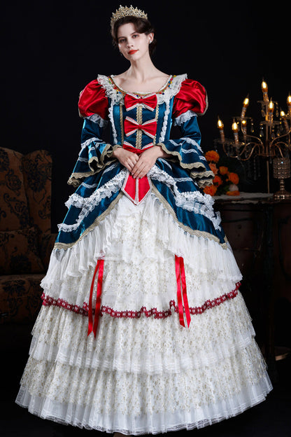 Blue/ivory Round Collar Long Hime Sleeves Triple-layered Ruffled Open-front Bow Lace Classic Palace Lolita Victorian Dress