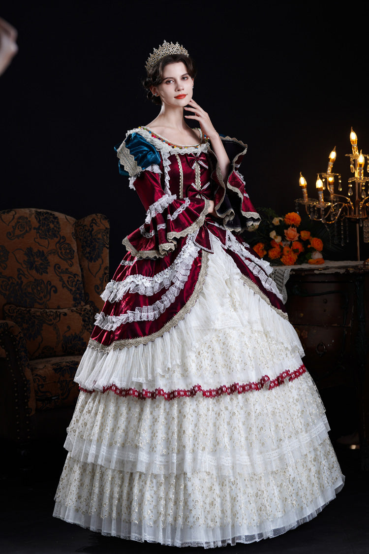 Wine/ivory Round Collar Long Hime Sleeves Triple-layered Ruffled Open-front Bow Lace Classic Palace Lolita Victorian Dress