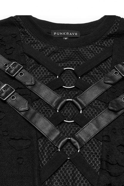 Black Short Sleeves Stitching Mesh Ripped Strap Punk T-shirt