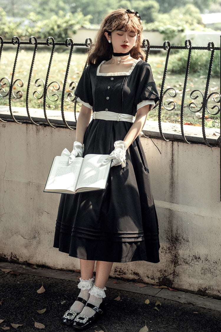 Black [random Thoughts] Square Collar Short Sleeves Ruffle Classic Lolita Dress