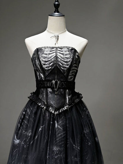 [pre-order Deadline: June 8] Phantom Knight Dark Gothic Skeleton Bustier Corset Top (with Cross Straps + Waist Belt)