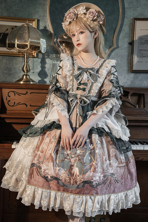 Multi-color Retro Hime Sleeves Sacred Deer Print Classic Lolita Op Dress