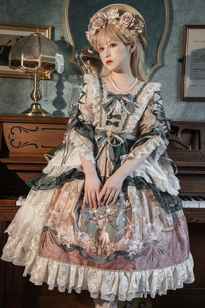 Multi-color Retro Hime Sleeves Sacred Deer Print Classic Lolita Op Dress
