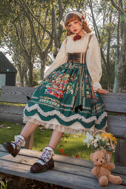 Green [ode to Plenty] Berries and Birds Print Ruffle Bowknot Velvet Classic Lolita Breast Support Jsk Dress