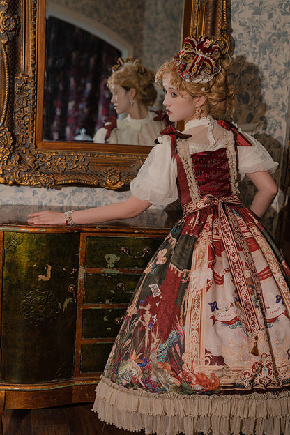 Red [kaleidoscope of Dreams] Sleeveless Double-layered Print Embroidery Bowknot Classic Lolita Jsk Dress