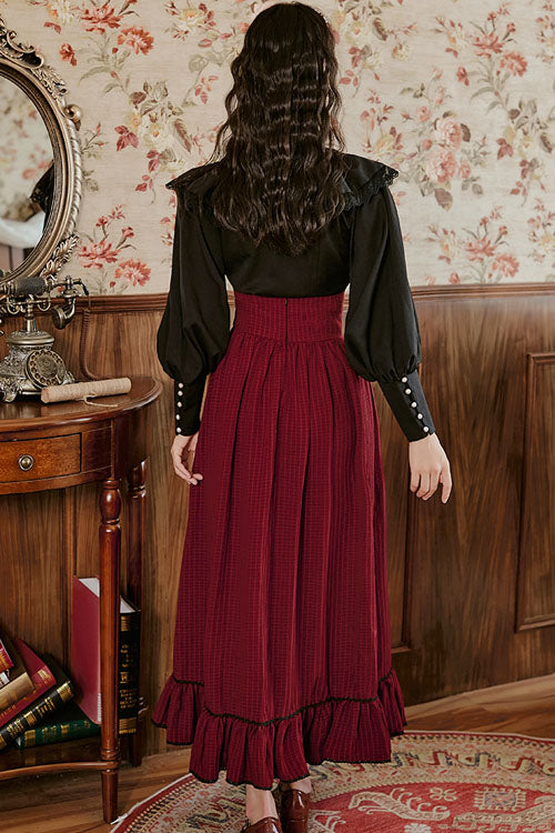 Wine Palace Style Ruffled Stripe Print High Waisted Classic Lolita Dress Skirt