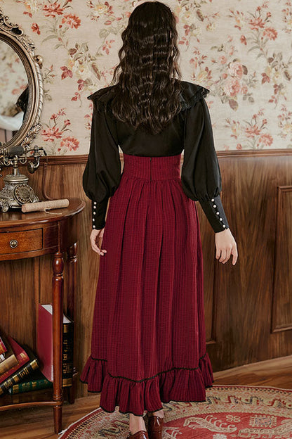 Wine Palace Style Ruffled Stripe Print High Waisted Classic Lolita Dress Skirt