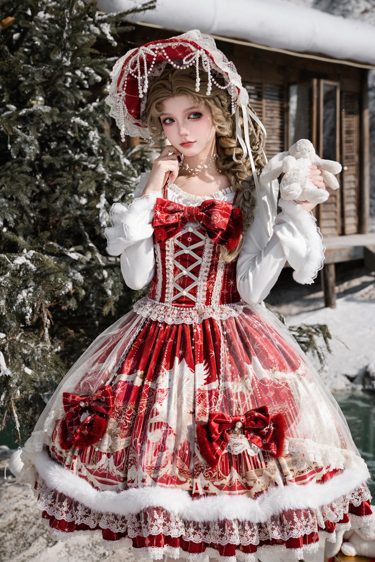 Red [happy New Year] Printed Ruffled Bow Lace Classic Chinese Style Lolita Jsk Dress