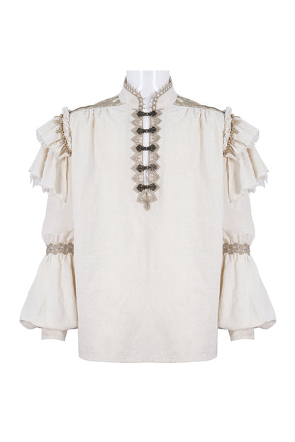Beige Stand Collar Lantern Sleeves Multi-layer Ruffle Gothic Blouse