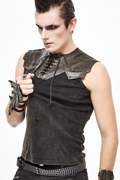 Brown Lace Up Striped Shoulder Armor Shape Chest Knitting Punk Vest