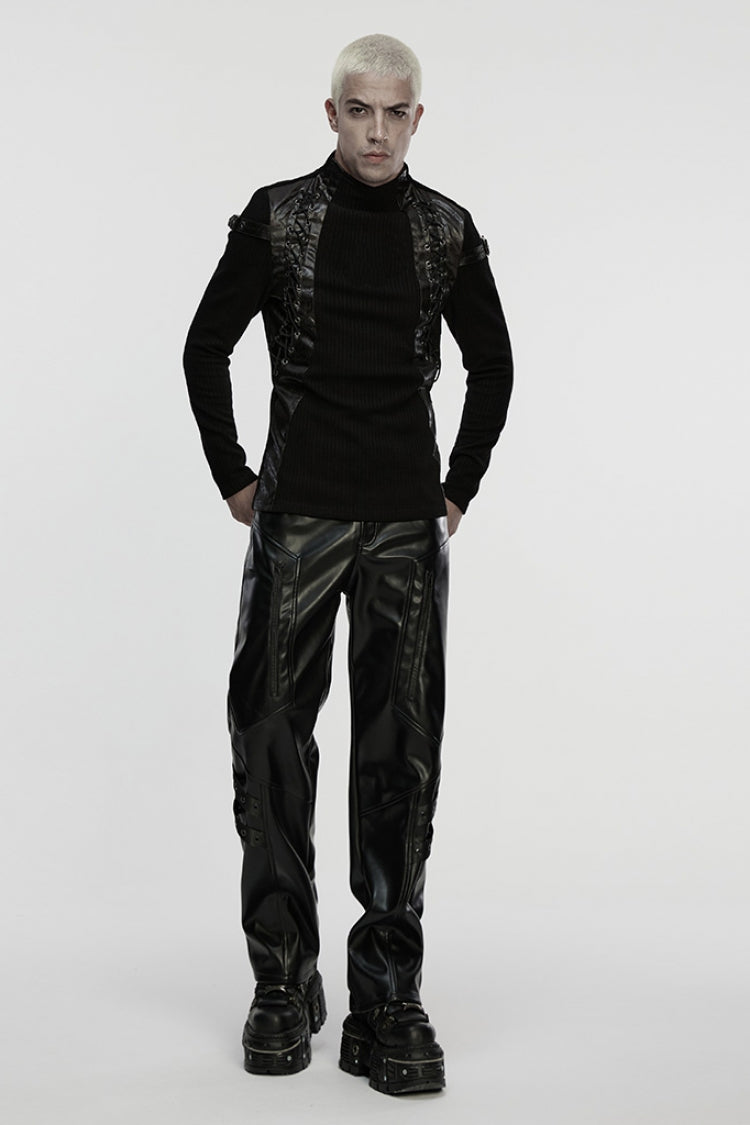 Black Stand Collar Long Sleeves Spliced Buckled Strappy Punk Top