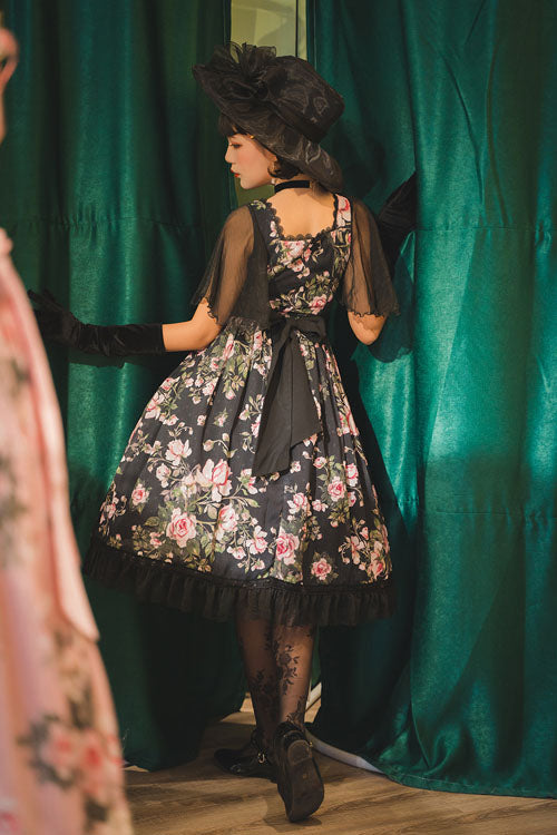 Black French Rose Print Square Collar Ruffled Classic Lolita Op Dress