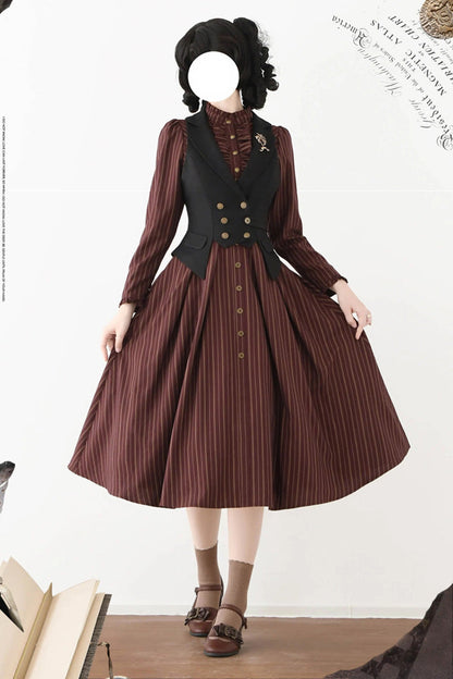 [forest Castle] Stand Collar Long Sleeves Striped Printed Ruffled Classic Lolita Dress 3 Colors