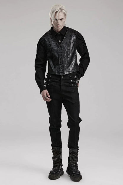 Black V Collar Sleeveless Exquisitely Carved Print Faux Leather Gothic Vest