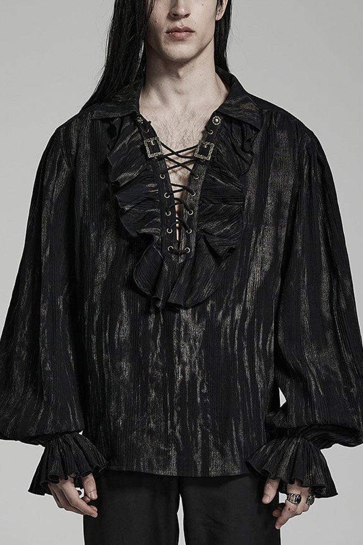 Jacquard V Collar Lantern Sleeves Print Ruffle Gothic Blouse 2 Colors