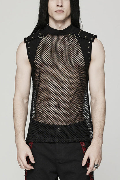 High Collar Sleeveless Rivet Decoration Sheer Mesh Steampunk Vest 2 Colors