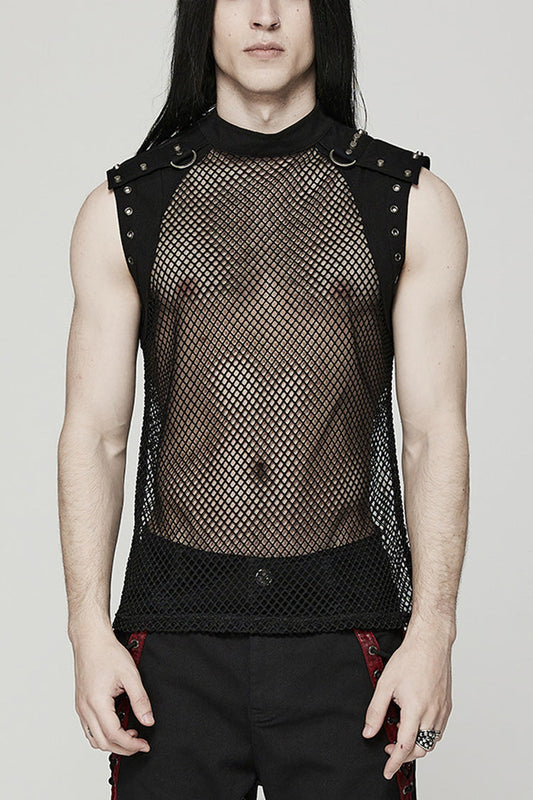 High Collar Sleeveless Rivet Decoration Sheer Mesh Steampunk Vest 2 Colors