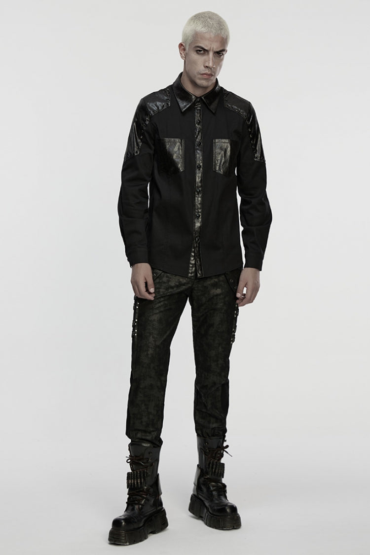 Black Lapel Collar Long Sleeves Stitching Eyelet Punk Blouse