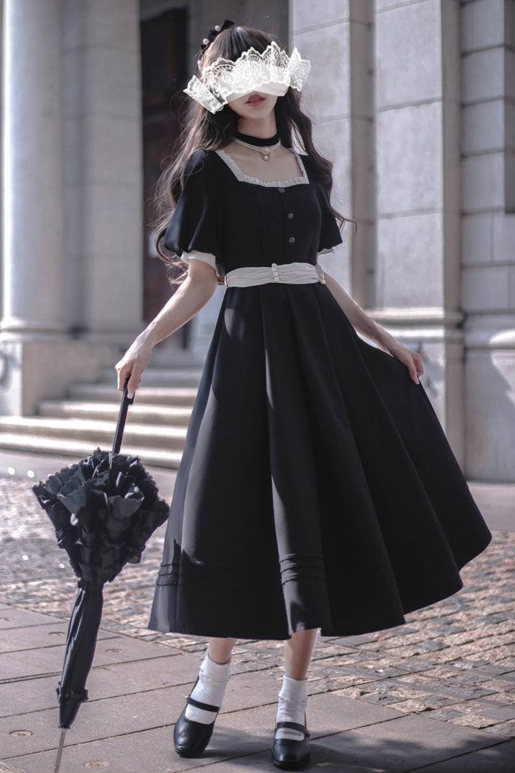 Black [random Thoughts] Square Collar Short Sleeves Ruffle Classic Lolita Dress