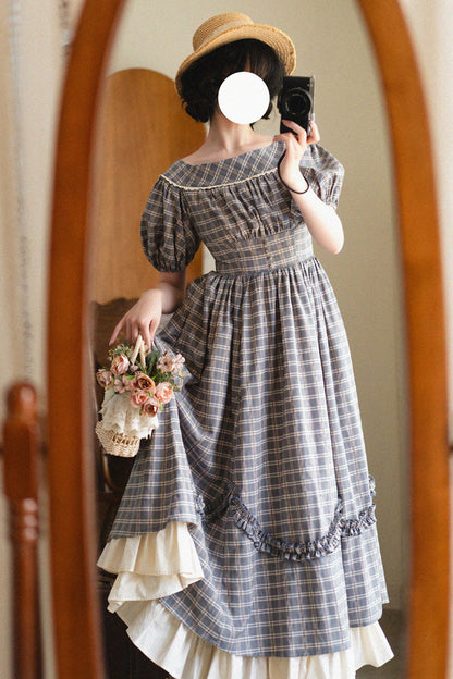 Grey/blue [forest Picnic] Boat Neck Short Sleeves Printed Lift-hem Ruffled Classic Lolita Dress