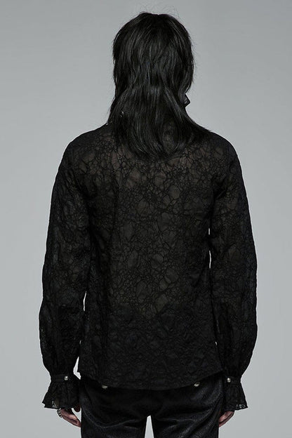 Black Gothic Long Sleeve Mesh Texture Fabric Lace Pleated Ruffle Tie Design Shirt