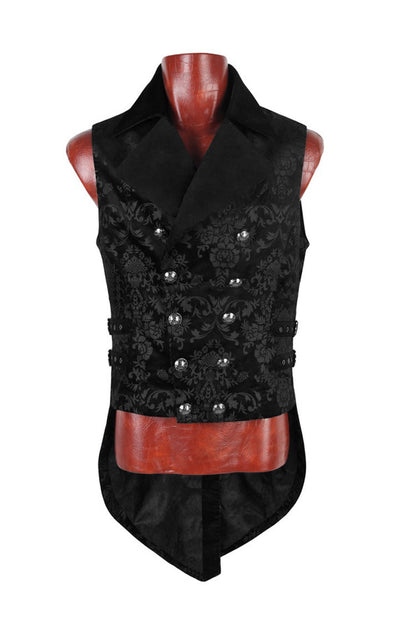Black Double-breasted Swallowtail Hem Print Gothic Vest