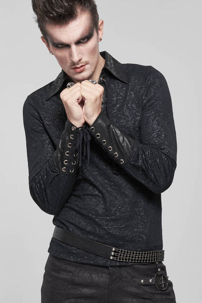 Black Gothic Pattern Decoration Tie Rope Design Knitted Elasticity Pullover Shirt