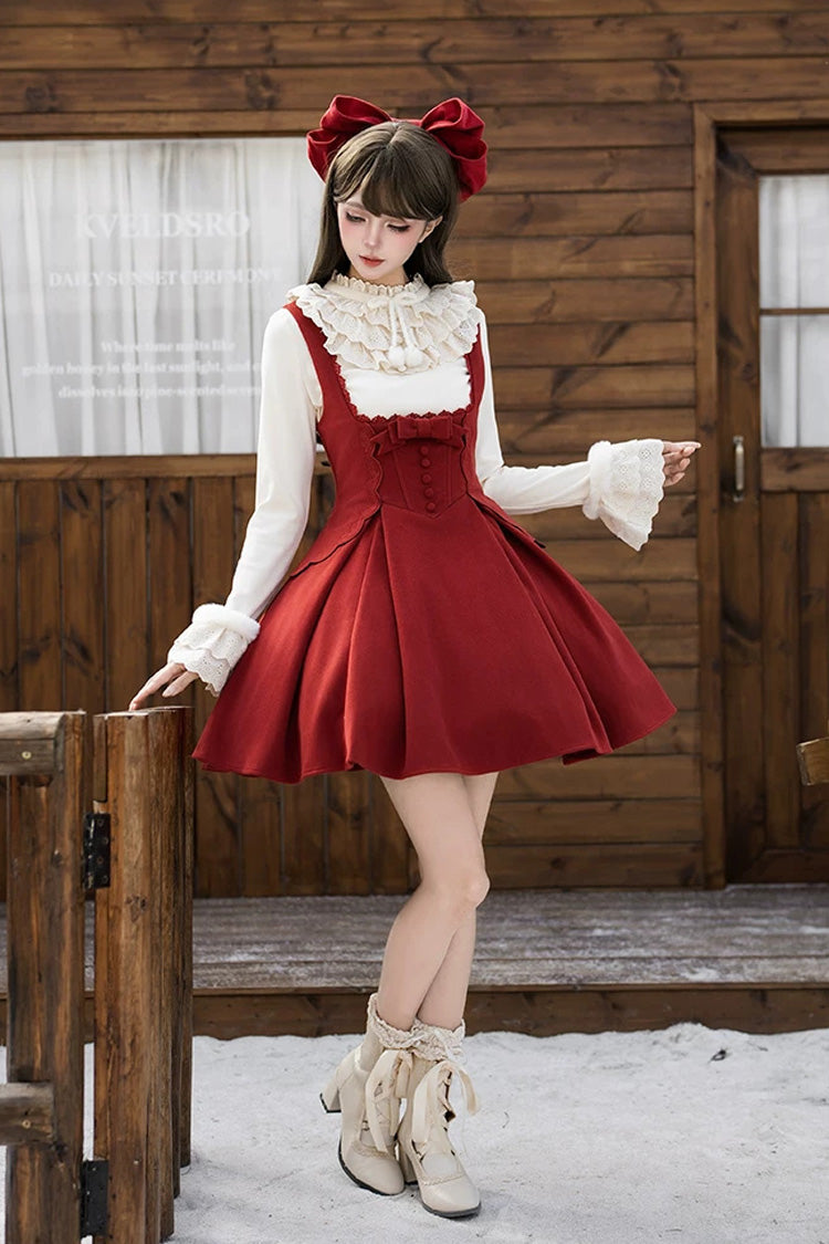 Red [letters and Poems · Velvet Rose] Sleeveless Embroidered Bow Fishbone Classic Lolita Bandeau Dress 2 Versions