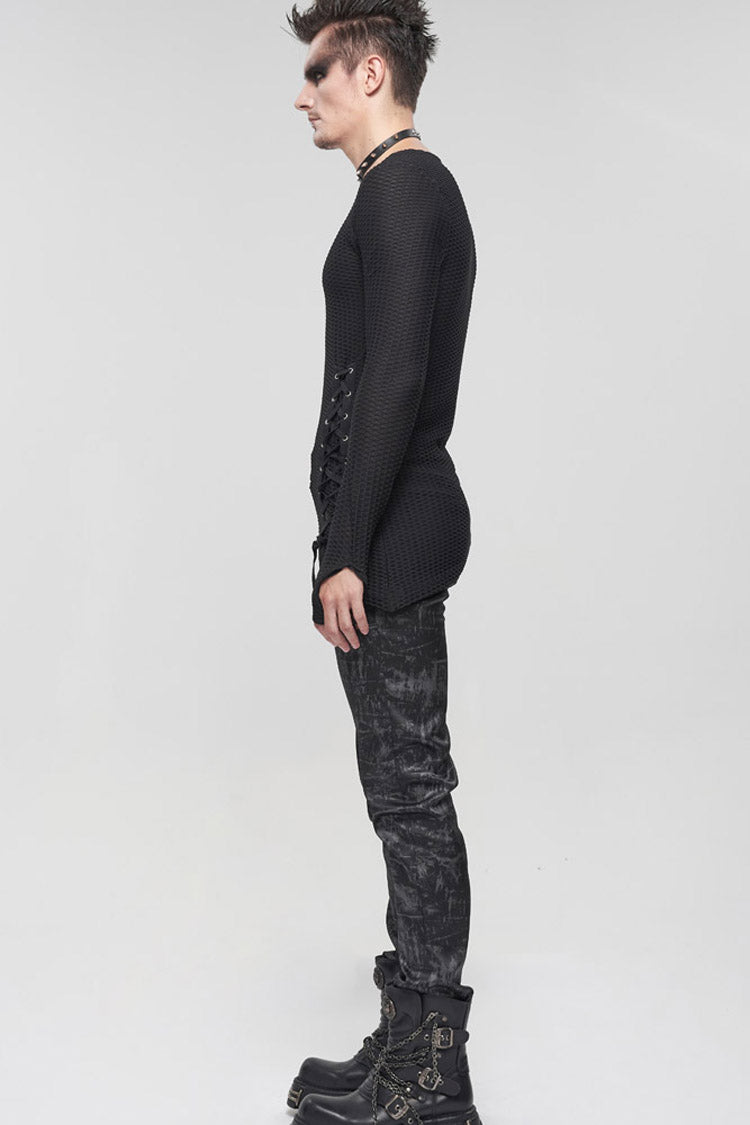 Black Gothic Asymmetry Drawstring Decoration Coarse Net Shirt