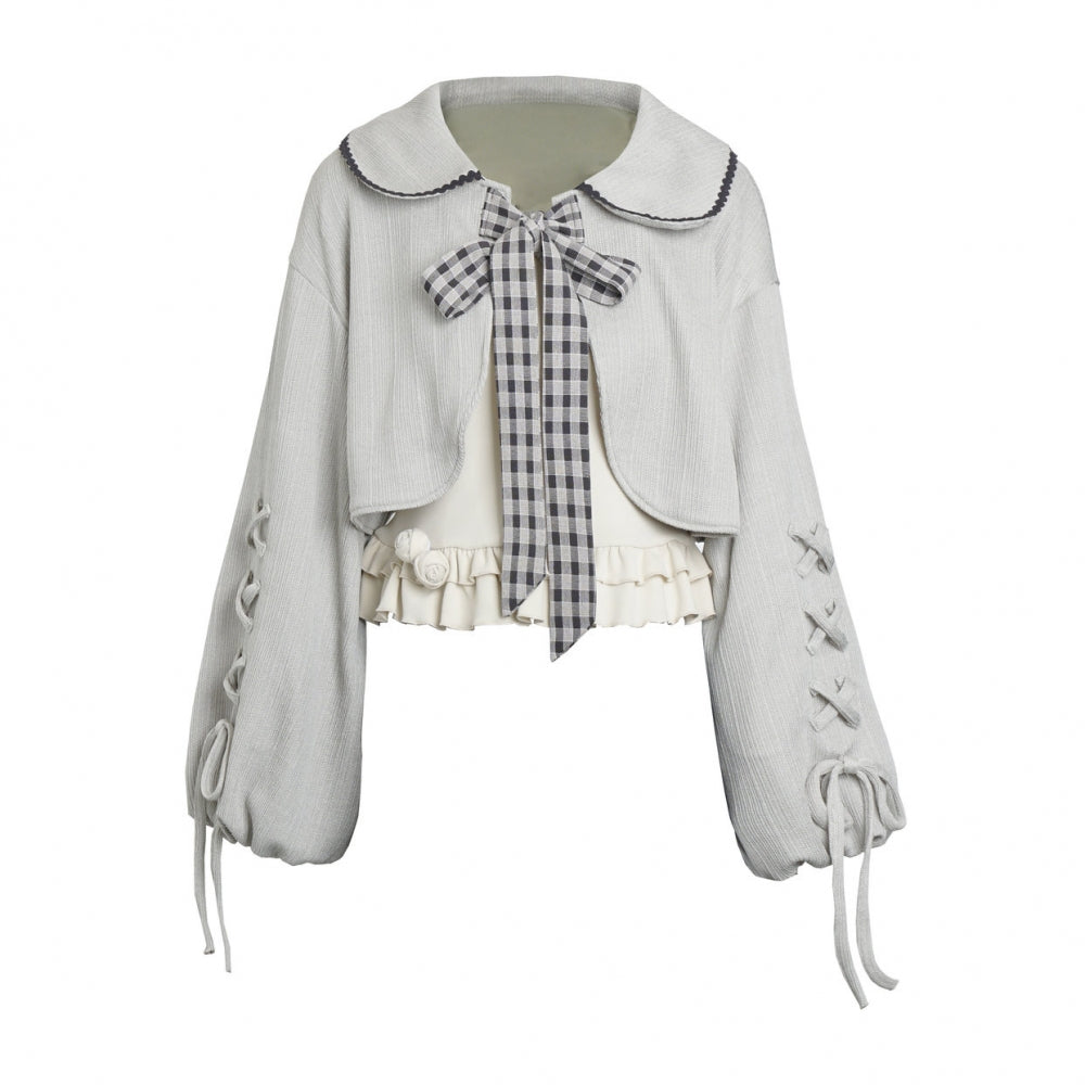 Plaid Ribbon Camisole Two Piece Jacket + Cape Coat + Skirt