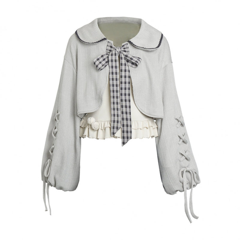 Plaid Ribbon Camisole Two Piece Jacket + Cape Coat + Skirt