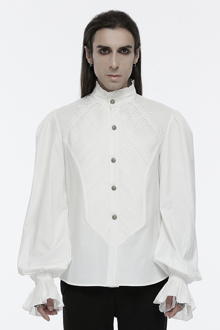 White Stand Collar Long Puff Sleeves Crochet Gothic Blouse