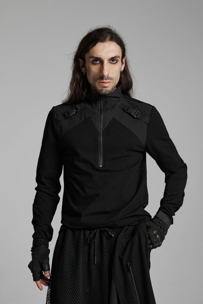 Black Stand Collar Long Sleeves Techwear Bucket-up Zip Punk T-shirt