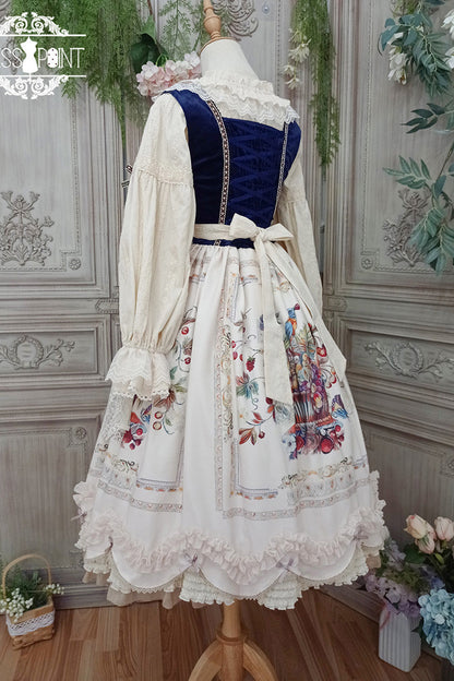 Ivory [ode to Plenty] Berries and Birds Print Ruffle Bowknot Velvet Classic Lolita Breast Support Jsk Dress