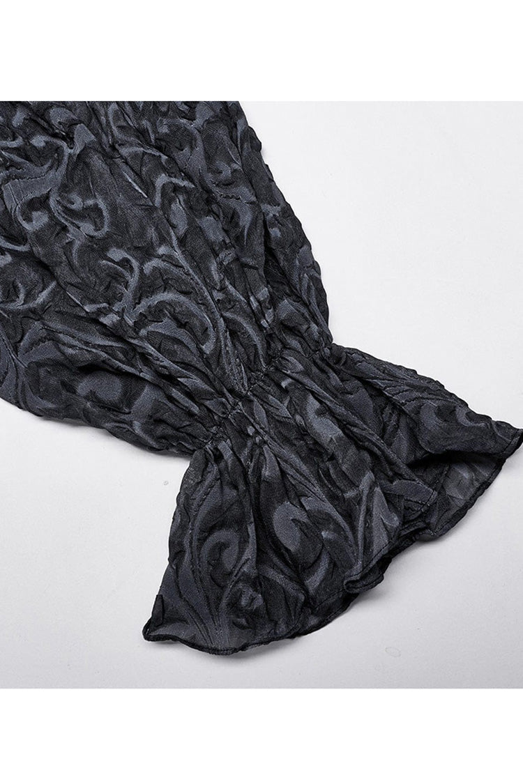 Gray Punk Chiffon Ruffle Stand Collar Wide Brimmed Lantern Sleeves Retro Relief Sculpture Embossing Shirt