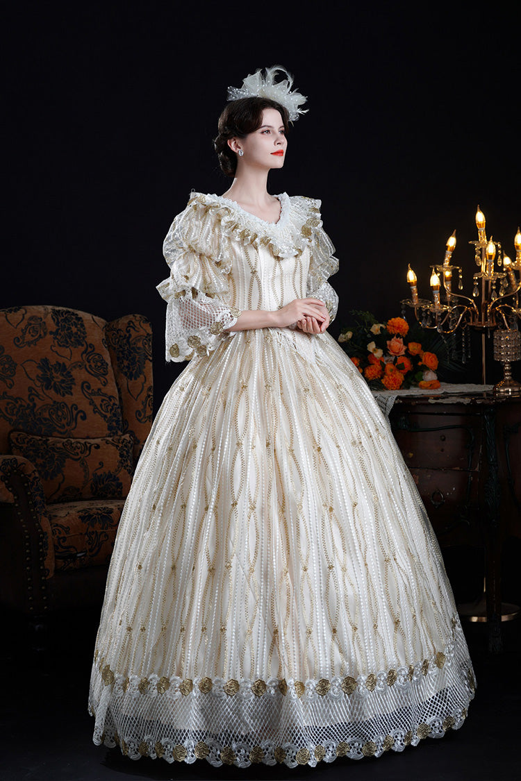 Champagne Long Puff Sleeves Ruffled Cut-out Mesh Classic Palace Lolita Victorian Dress
