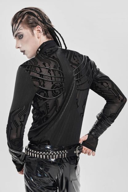 Black Long Sleeves Circuit Board Print Punk Blouse