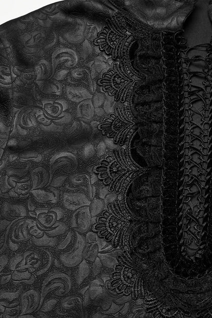 Black Stand Collar Long Sleeves Ruffle Embroidery Lace-up Plunging Rose Gothic Blouse