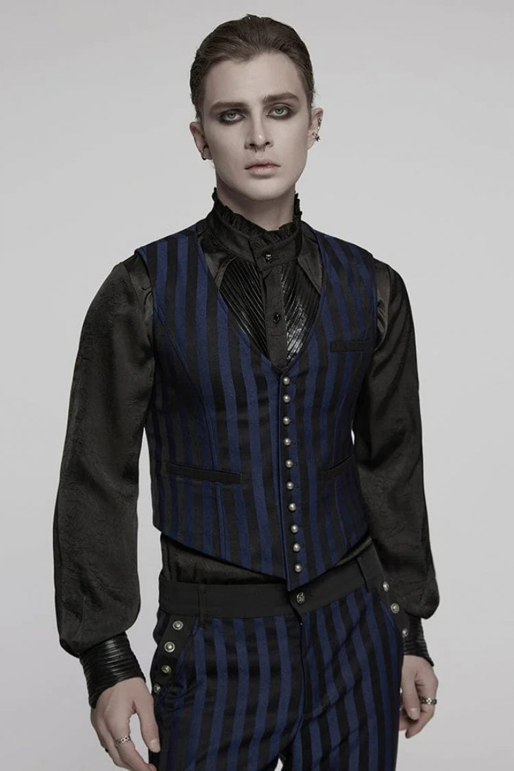 Black/blue V Collar Sleeveless Striped Print Buckle Punk Vest