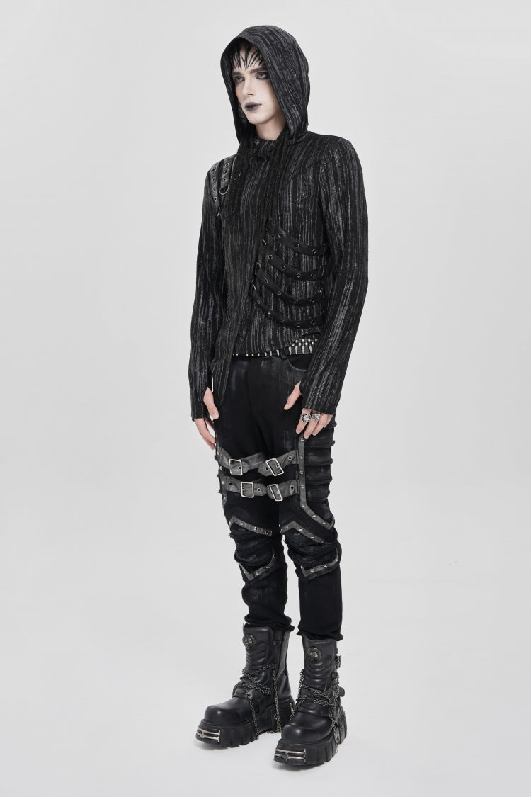 Black Long Sleeves Irregular Hooded Straps Eyelet Punk Blouse