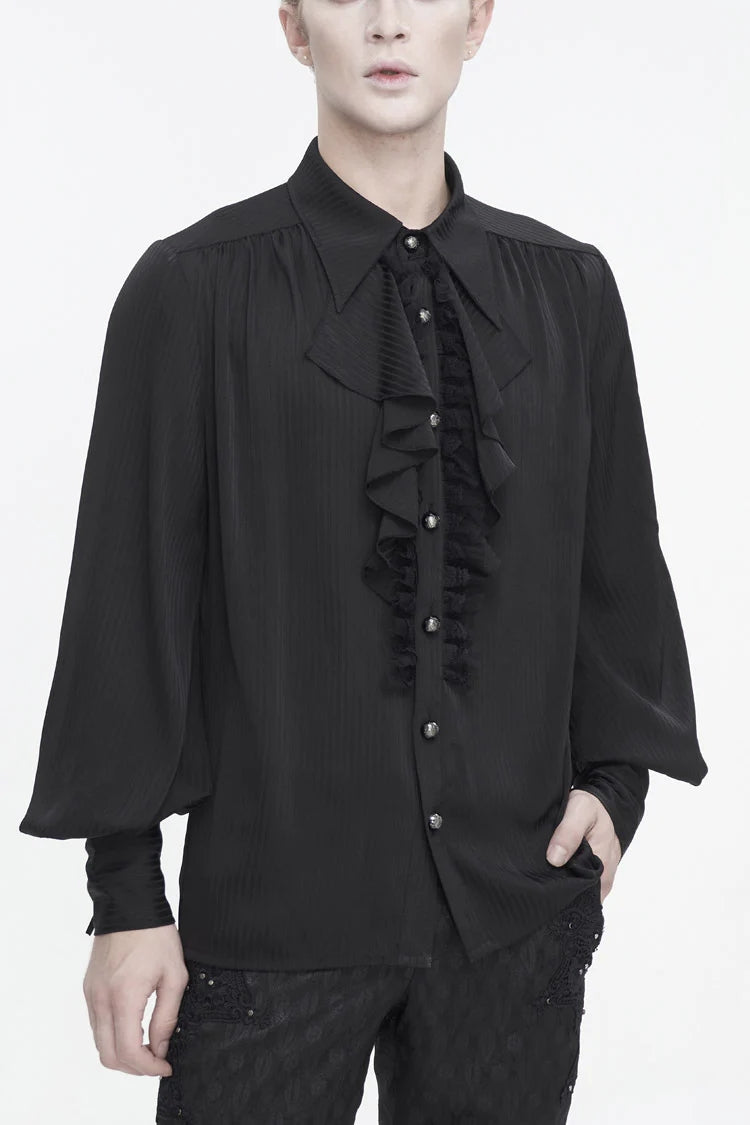 Black Puff Sleeved Ruffled Lace Splice Gothic Shirt